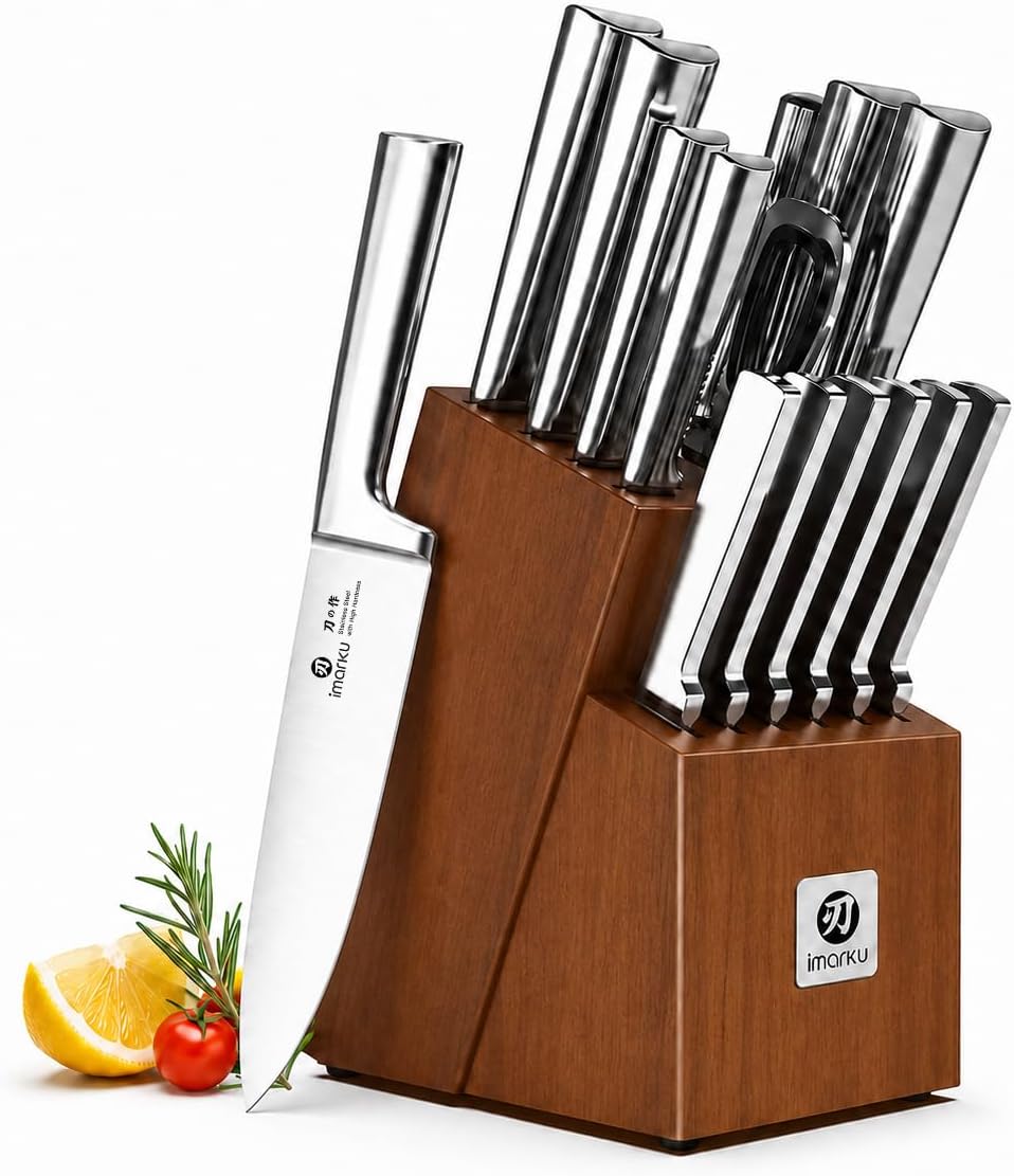 imarku Juego de cuchillos de 15 piezas con afilador integrado, juego de cuchillos de cocina de acero inoxidable japonés de alto carbono, apto para lavavajillas, juego de cuchillos de chef con bloque