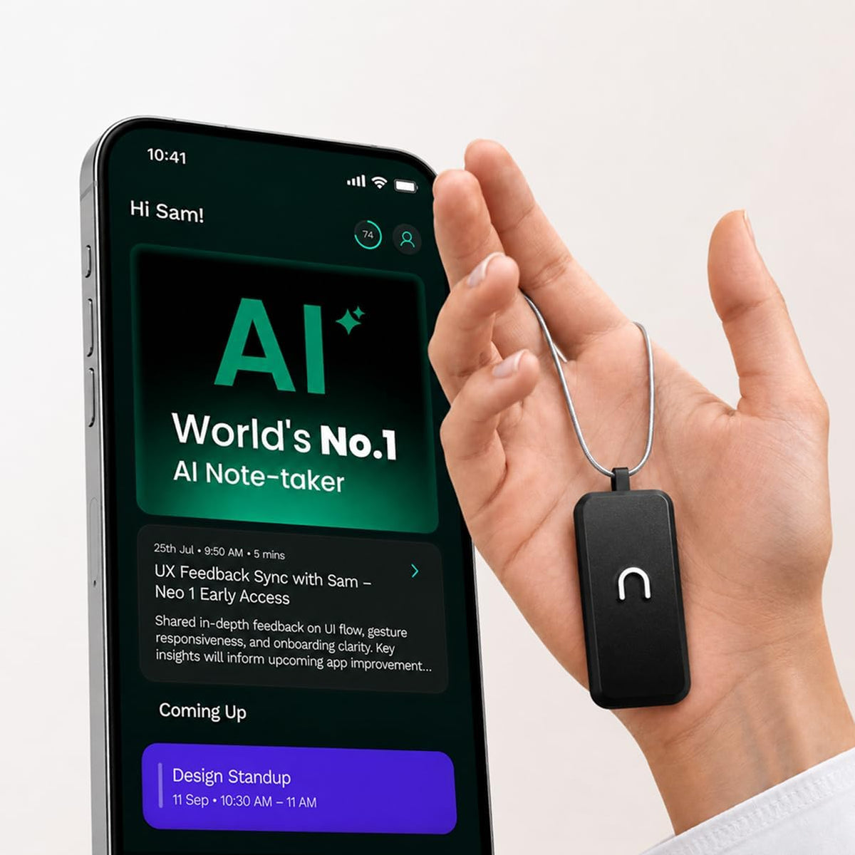 NeoSapien Neo 1 AI Wearable Assistant - Captura reuniones, conversaciones e ideas con resúmenes de IA, elementos de acción, notas y recordatorios, sin costo mensual, suscripción gratuita de por vida