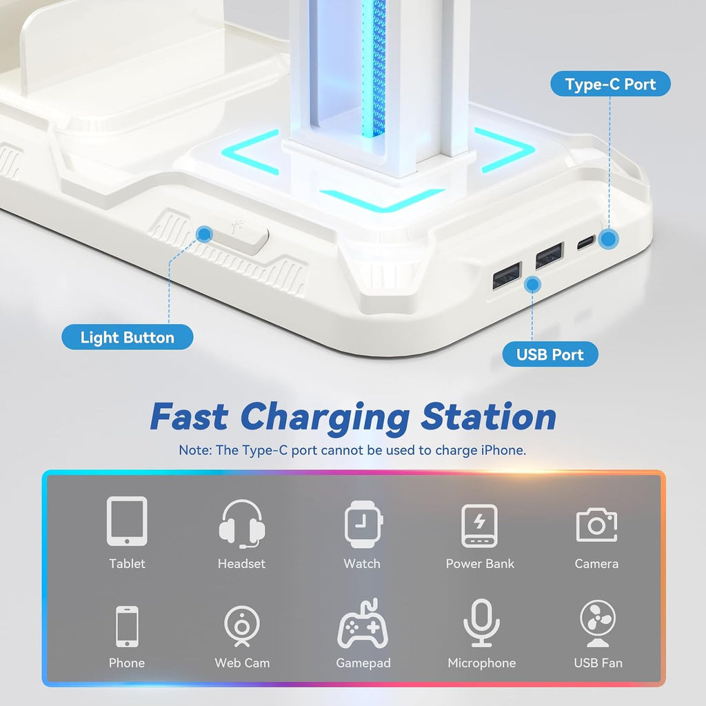 Soporte para Auriculares KDD con Estación de Carga - Soporte Desmontable para Controlador con 9 Modos de Iluminación - Percha Giratoria para Auriculares con Puertos Cargador USB A y C - Gancho para Audífonos para Almacenamiento de Accesorios de Juego para