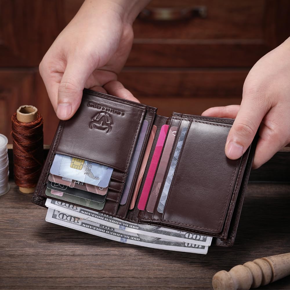 LEBULLBRO Cartera Bifold de Cuero Genuino con Bloqueo RFID Cartera...