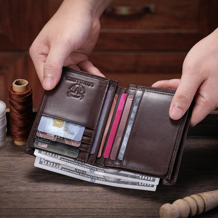 LEBULLBRO Billetera de cuero para hombre, billetera plegable con bl...