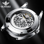 Relojes automáticos de esqueleto para hombre, reloj de pulsera de lujo mecánico de cuerda automática de cristal de zafiro, reloj de acero de tungsteno, 164 ft, impermeable, luminoso, sin batería, AA- Silver White
