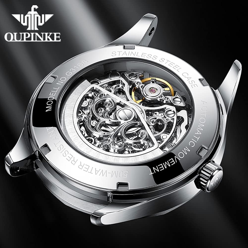 Relojes automáticos de esqueleto para hombre, reloj de pulsera de lujo mecánico de cuerda automática de cristal de zafiro, reloj de acero de tungsteno, 164 ft, impermeable, luminoso, sin batería, AA- Silver White
