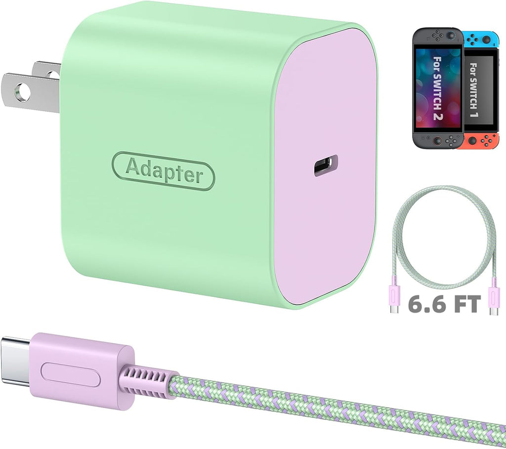 Interruptor 2 Charger con cable USB-C de 6.6FT/2M - Adaptador de corriente AC de 60W, Bloque de carga rápida PD 3.0 para Nintendo Switch 2/1/OLED/Lite/Steam Deck - Soporta 20V/3A y Dock de TV 4K, Wii (6.6FT - Verde Pastel y Púrpura)