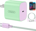 Interruptor 2 Charger con cable USB-C de 6.6FT/2M - Adaptador de corriente AC de 60W, Bloque de carga rápida PD 3.0 para Nintendo Switch 2/1/OLED/Lite/Steam Deck - Soporta 20V/3A y Dock de TV 4K, Wii (6.6FT - Verde Pastel y Púrpura)