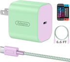 Interruptor 2 Charger con cable USB-C de 6.6FT/2M - Adaptador de corriente AC de 60W, Bloque de carga rápida PD 3.0 para Nintendo Switch 2/1/OLED/Lite/Steam Deck - Soporta 20V/3A y Dock de TV 4K, Wii (6.6FT - Verde Pastel y Púrpura)