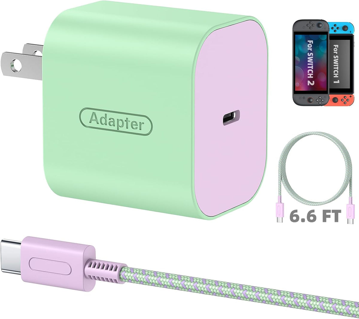 Interruptor 2 Charger con cable USB-C de 6.6FT/2M - Adaptador de corriente AC de 60W, Bloque de carga rápida PD 3.0 para Nintendo Switch 2/1/OLED/Lite/Steam Deck - Soporta 20V/3A y Dock de TV 4K, Wii (6.6FT - Verde Pastel y Púrpura)