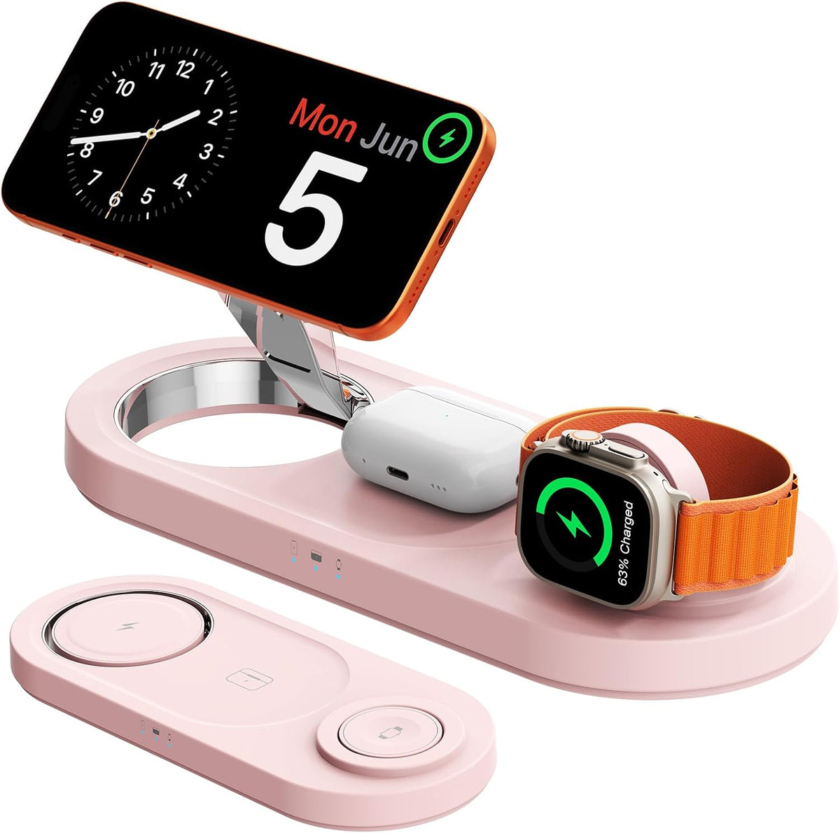 Estación de carga inalámbrica magnética 3 en 1 de 15 W, sin luz azul, para iPhone 17-12, cargador rápido de 5 W para Apple Watch AirPods, soporte plegable, base de carga MagSafe para mesita de noche