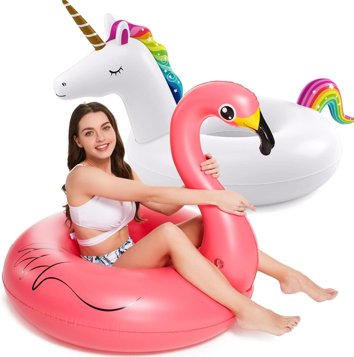 Jasonwell - Flotadores inflables de unicornio y flamenco, paquete de 2 flotadores de piscina, balsas inflables para piscinas, tubos para flotar, lago, playa, anillos de natación, piscinas, juguetes de fiesta para adultos y niños