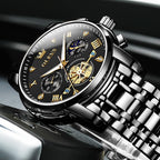 Reloj OLEVS azul para hombre Fase lunar Negocios Vestir Analógico Acero inoxidable Impermeable Luminiscente Fecha Bicolor Lujo Casual de pulsera