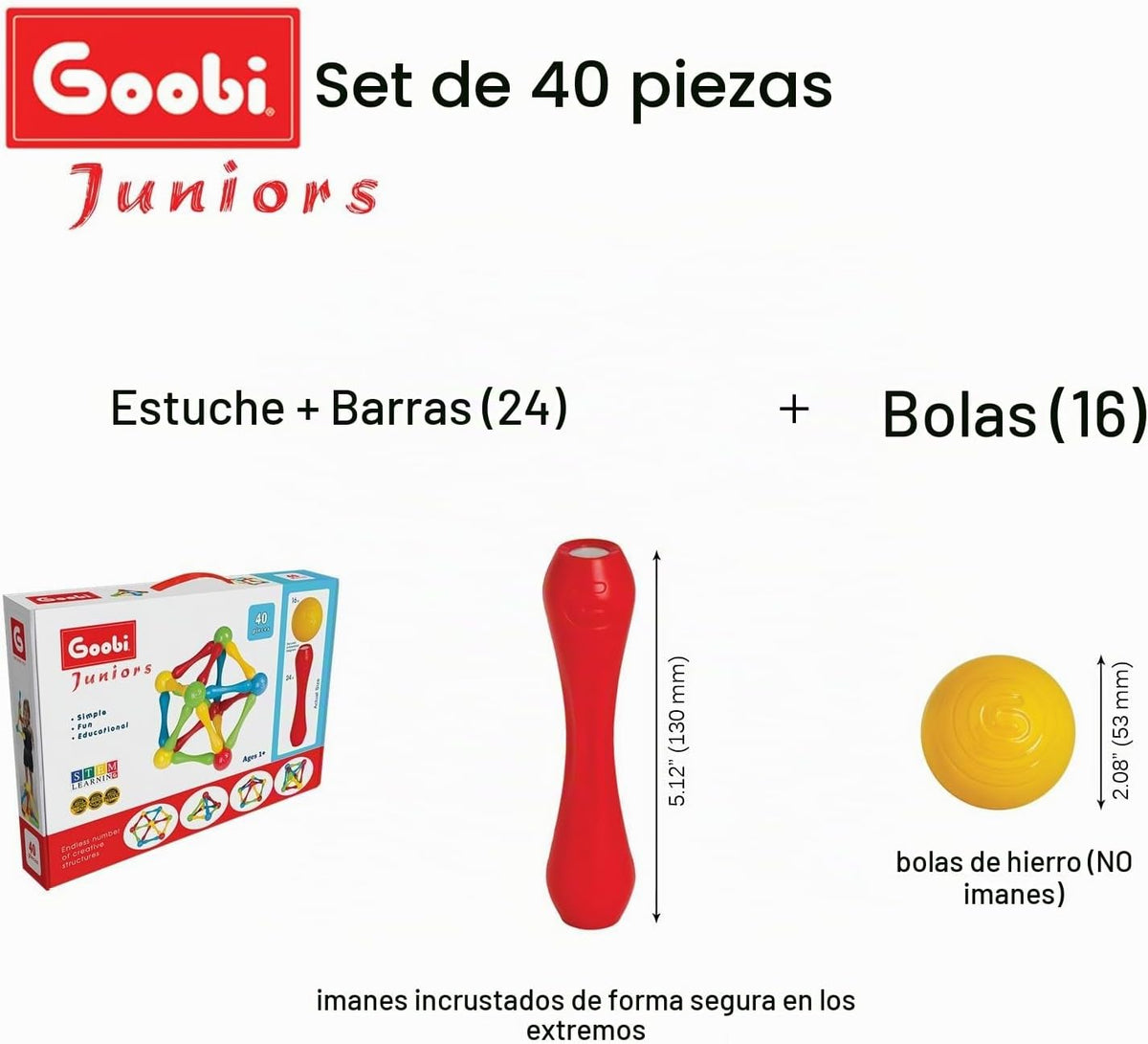 Goobi Juego de construcción de 40 piezas de bloques de construcción grandes, juego de desarrollo, palos magnéticos, colores de aprendizaje, creatividad, imaginación, rompecabezas 3D, juguetes