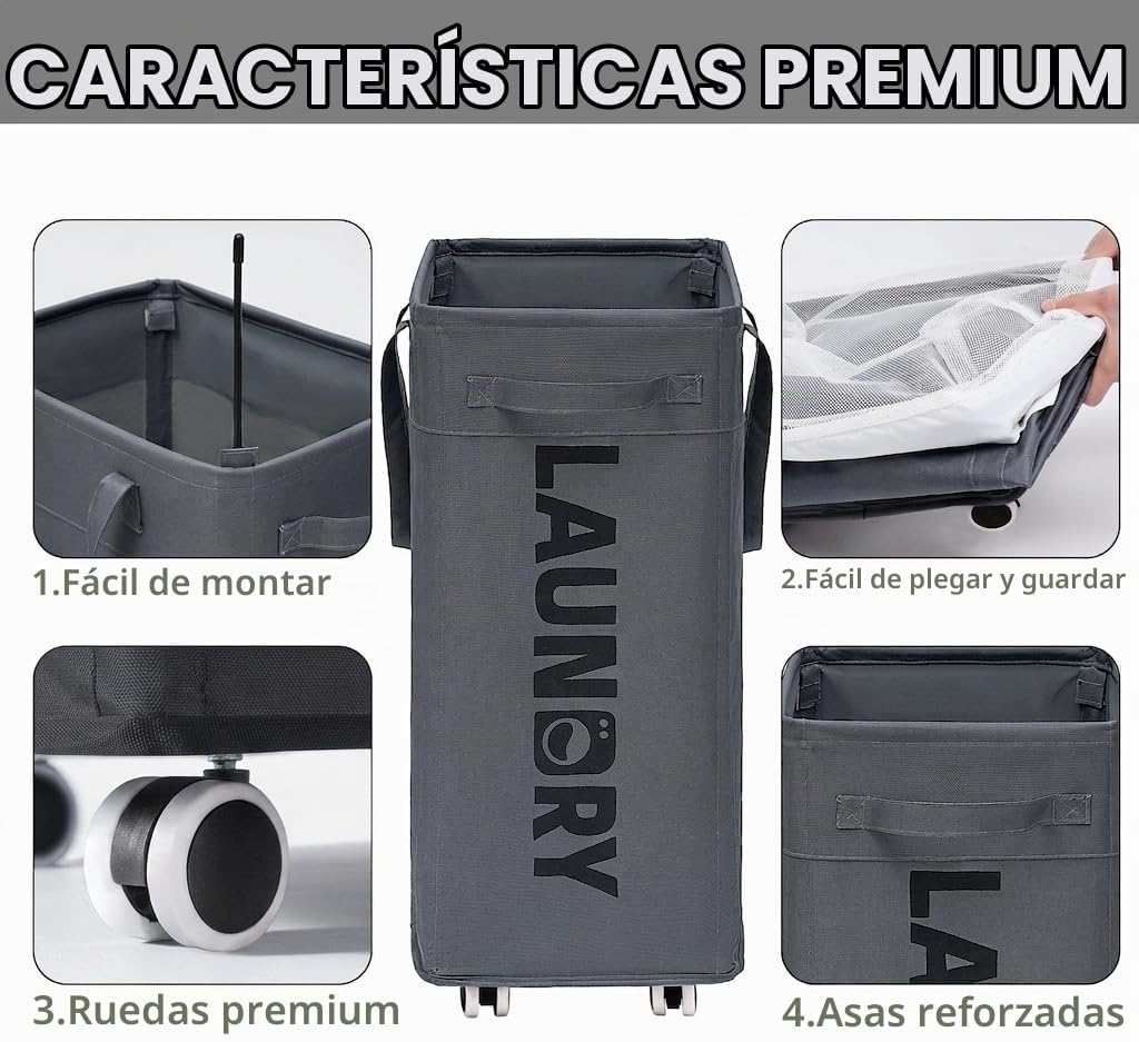Goodpick Cesta de lavandería de 75L con ruedas y bolsa de lavado extraíble