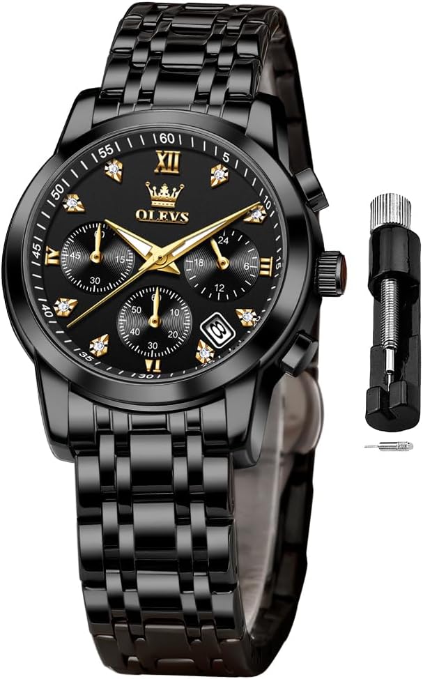 OLEVS Relojes para mujeres de negocios, con diamante, pulsera de acero inoxidable, fecha, impermeable, tono bicolor para mujer