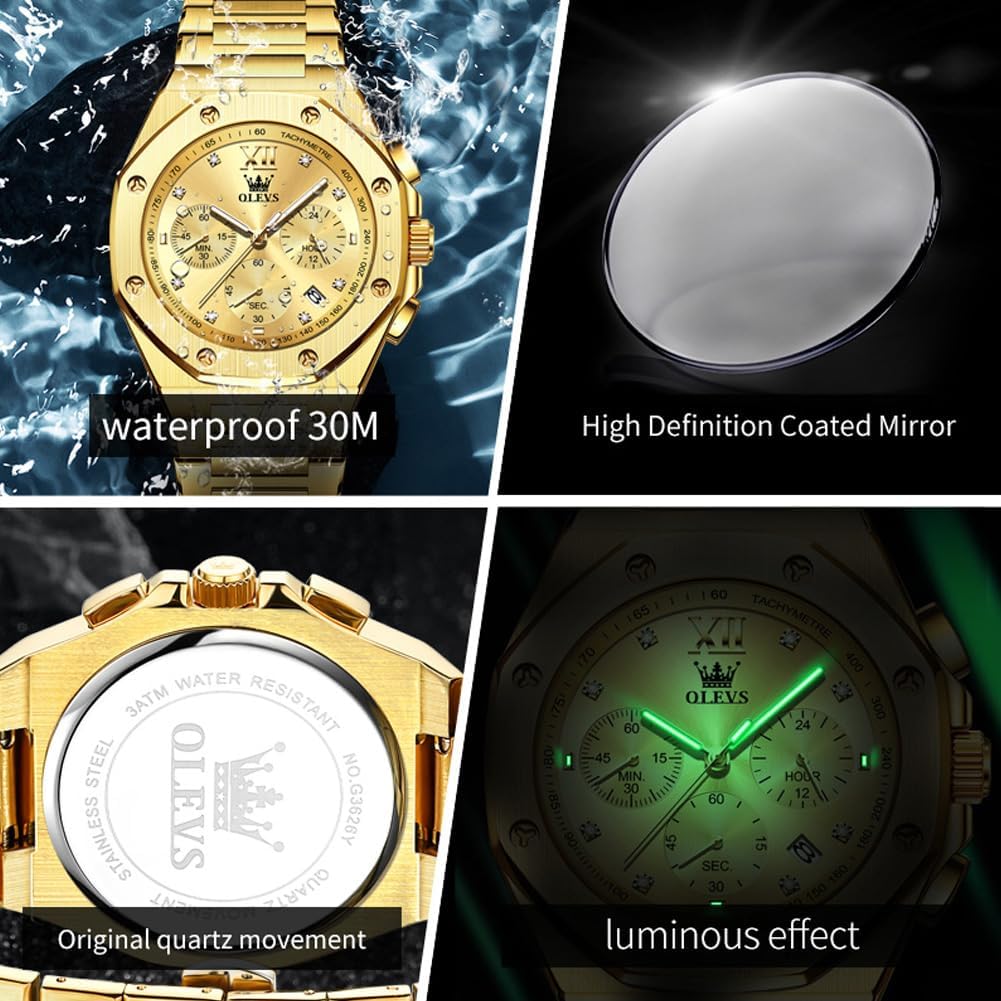 OLEVS Reloj para hombre Big Face Acero inoxidable Impermeable Luminoso Diamante