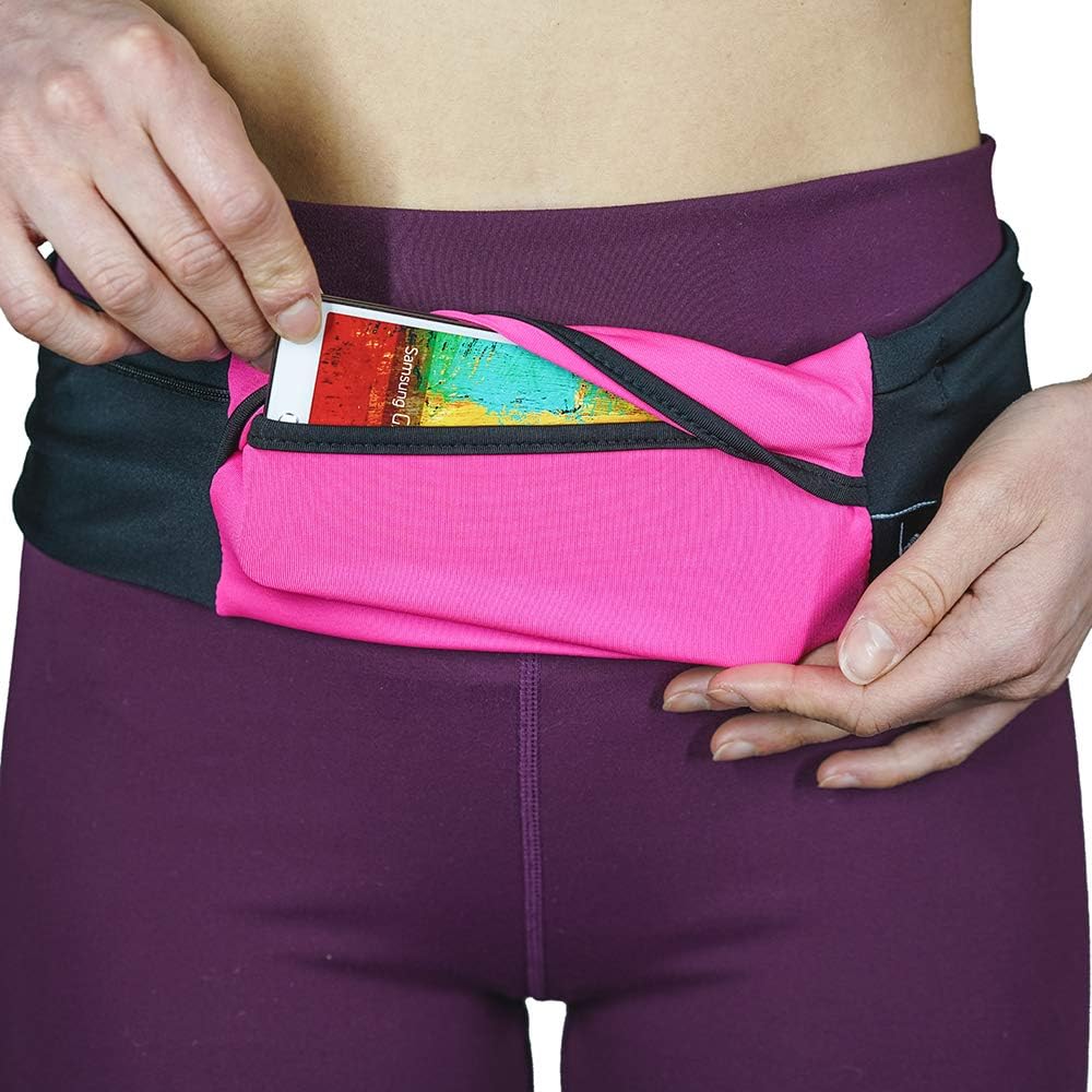 Riñonera ajustable de 3 bolsillos para correr, riñonera para entrenar con respaldo resistente al sudor, soporta todos los modelos de iPhone, Rosa/Negro, Cinturón para correr de 3 bolsillos versión 1