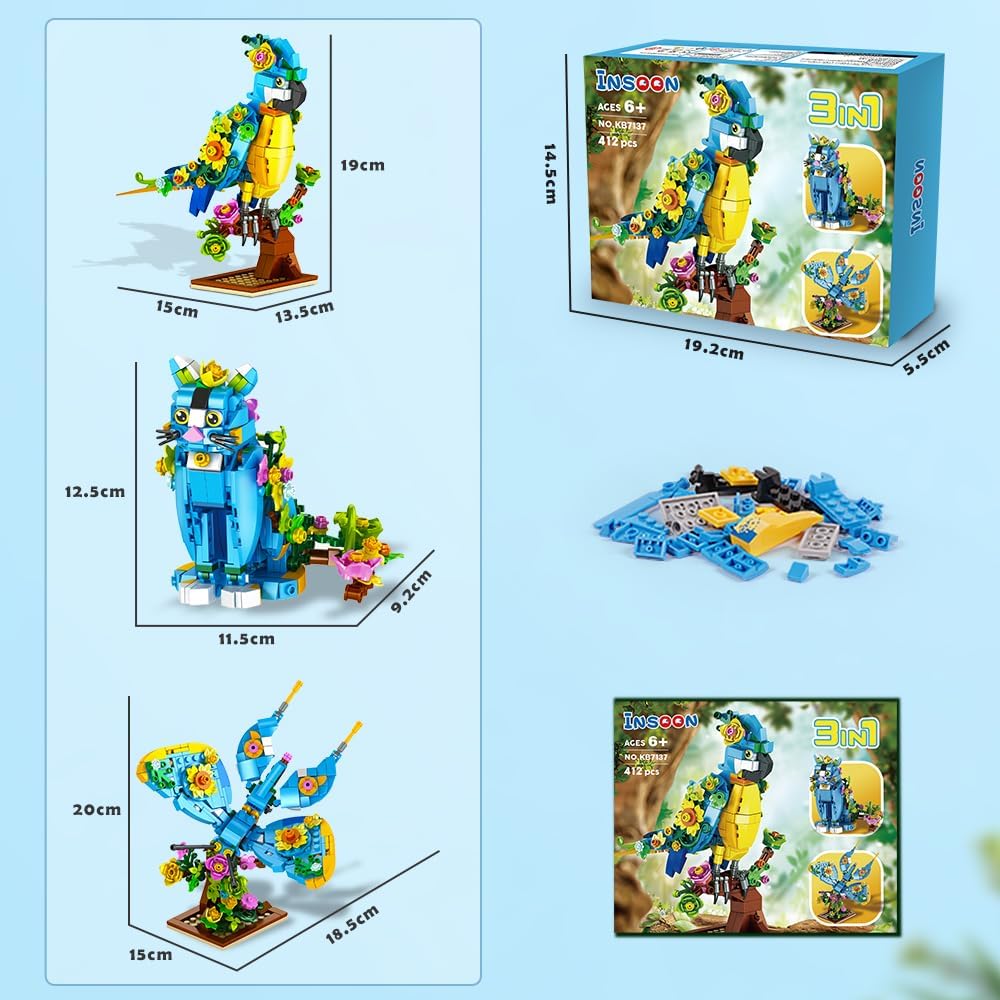 Juego de construcción 3 en 1 diseño de flores gatos loros