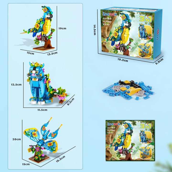 Juego de construcción 3 en 1 diseño de flores gatos loros