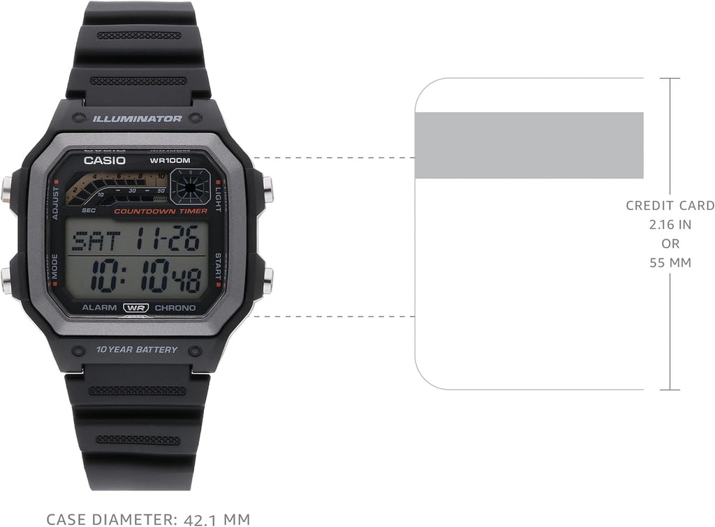 Casio WS1600H Series | Reloj para hombre | Diseño deportivo | Cronógrafo | Temporizador de cuenta regresiva | Luz LED con afterglow | 100M WR | Alarma diaria | Calendario automático | Hora mundial | Batería de 10 años