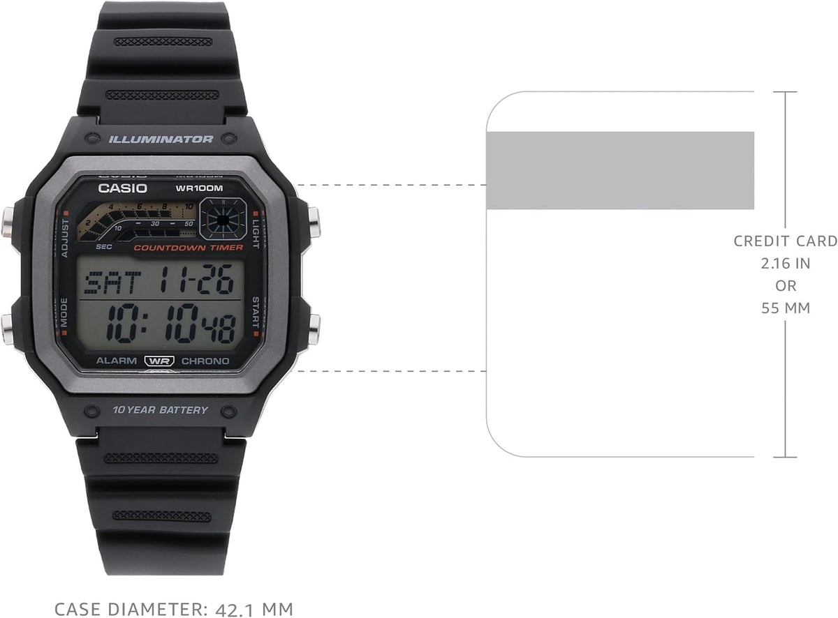 Casio WS1600H Series | Reloj para hombre | Diseño deportivo | Cronógrafo | Temporizador de cuenta regresiva | Luz LED con afterglow | 100M WR | Alarma diaria | Calendario automático | Hora mundial | Batería de 10 años