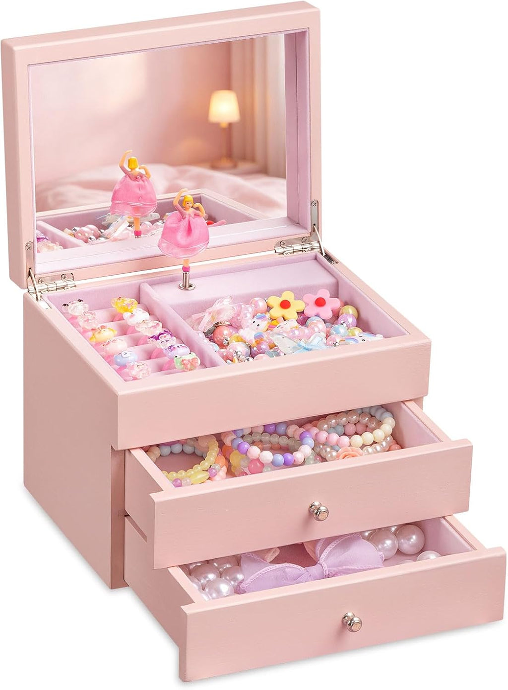 Joyero musical para niñas, joyero musical de 3 capas de madera para niños y organizadores con bailarina giratoria, regalo de almacenamiento de joyas musicales para niñas, Navidad, cumpleaños
