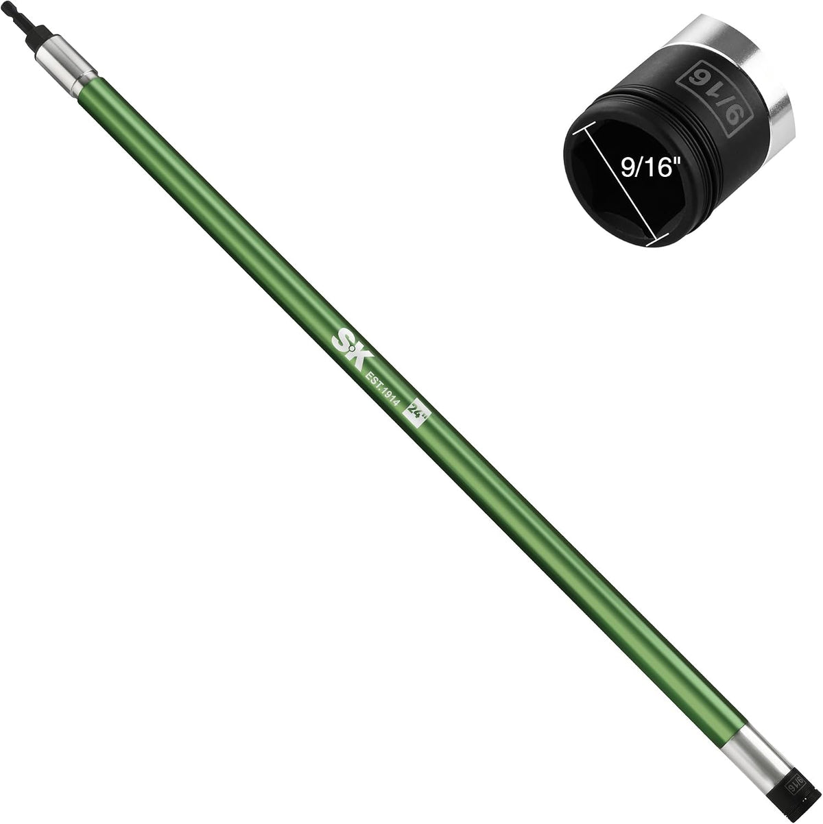 SK Destornillador de tuerca de impacto de 9/16 pulgadas, eje hueco de aluminio de 24 pulgadas de largo para pernos largos, diseño de resorte desplegable de giro libre, vástago hexagonal de 1/4