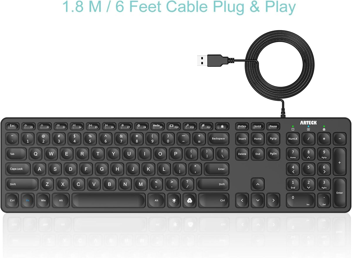Arteck - Teclado retroiluminado USB con cable de tamaño completo co...