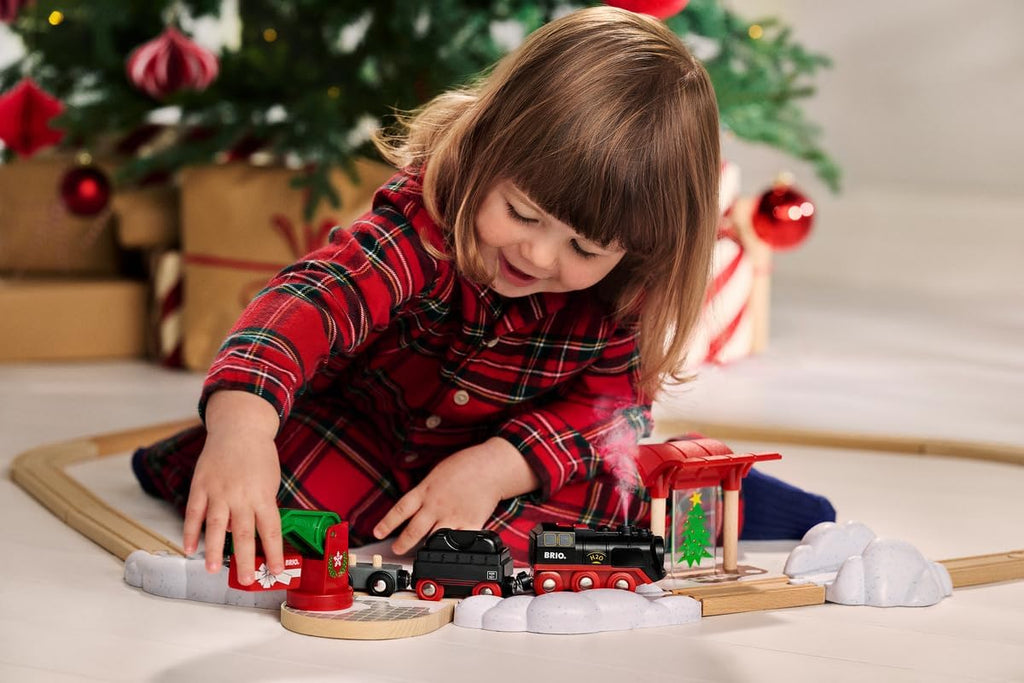 BRIO World - Tren de Vapor Navideño - Tren Operado a Batería - Motor de Vapor Motorizado de 27 Piezas para Pista de Madera con Luces y Vapor Apto para Niños - Juego Interactivo con Adelante/Atrás