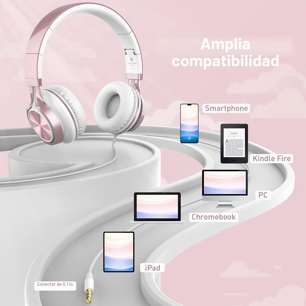 AIlIHEN Audífonos para Niños para Escuela con Micrófono Cableado, con conector 3.5 mm, Rosa Oro