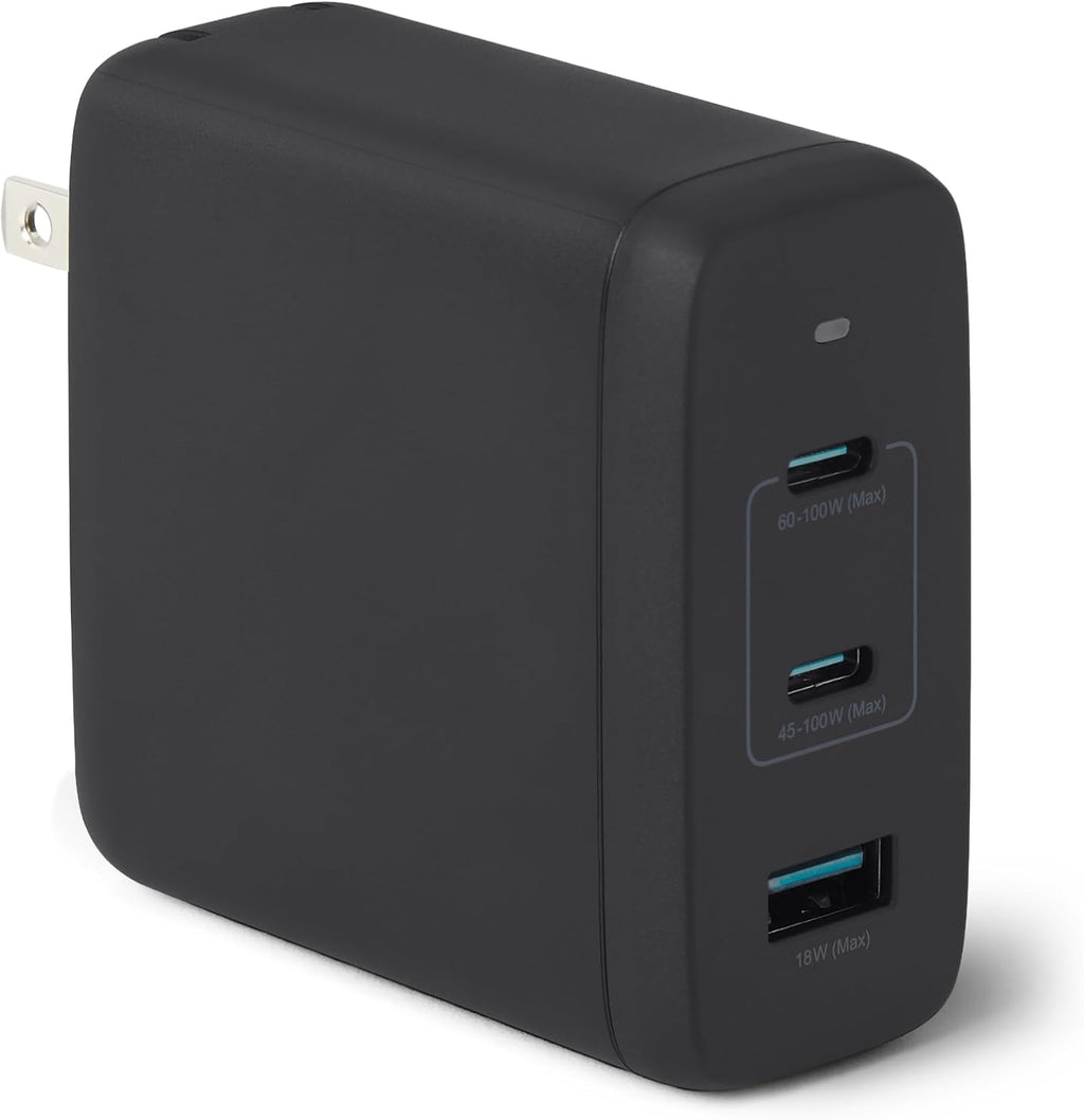 Amazon Basics Cargador de pared USB-C Nano GaN de carga rápida de 120 W, 3 puertos para portátiles, tabletas, teléfonos, tamaño compacto para viajes, negro