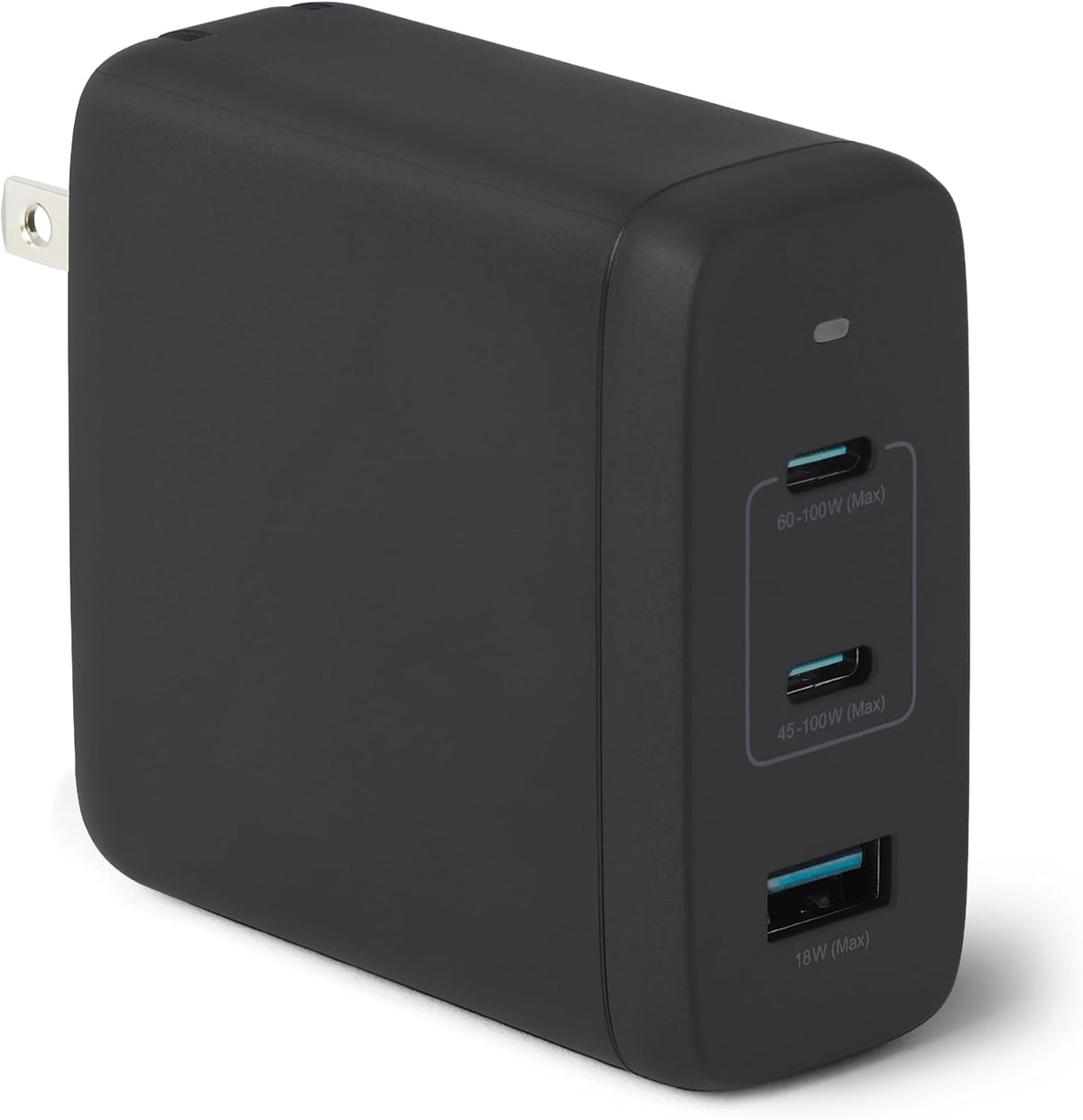 Amazon Basics Cargador de pared USB-C Nano GaN de carga rápida de 120 W, 3 puertos para portátiles, tabletas, teléfonos, tamaño compacto para viajes, negro