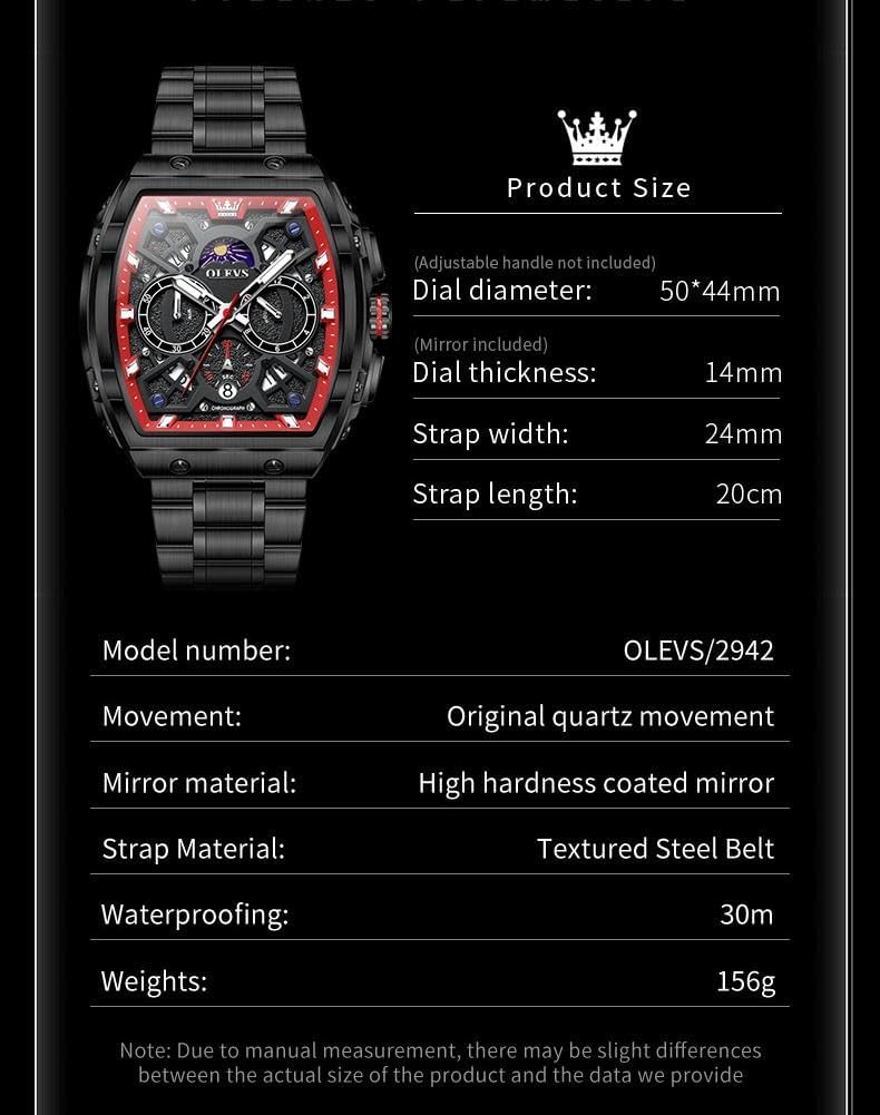 OLEVS Reloj para Hombres Analógico Cuarzo Lujo Diamante Resistente al Agua Cronógrafo Acero Inoxidable Carita Grande Cuadrado Fecha Fase Lunar Romano Relojes de Vestir para Hombres