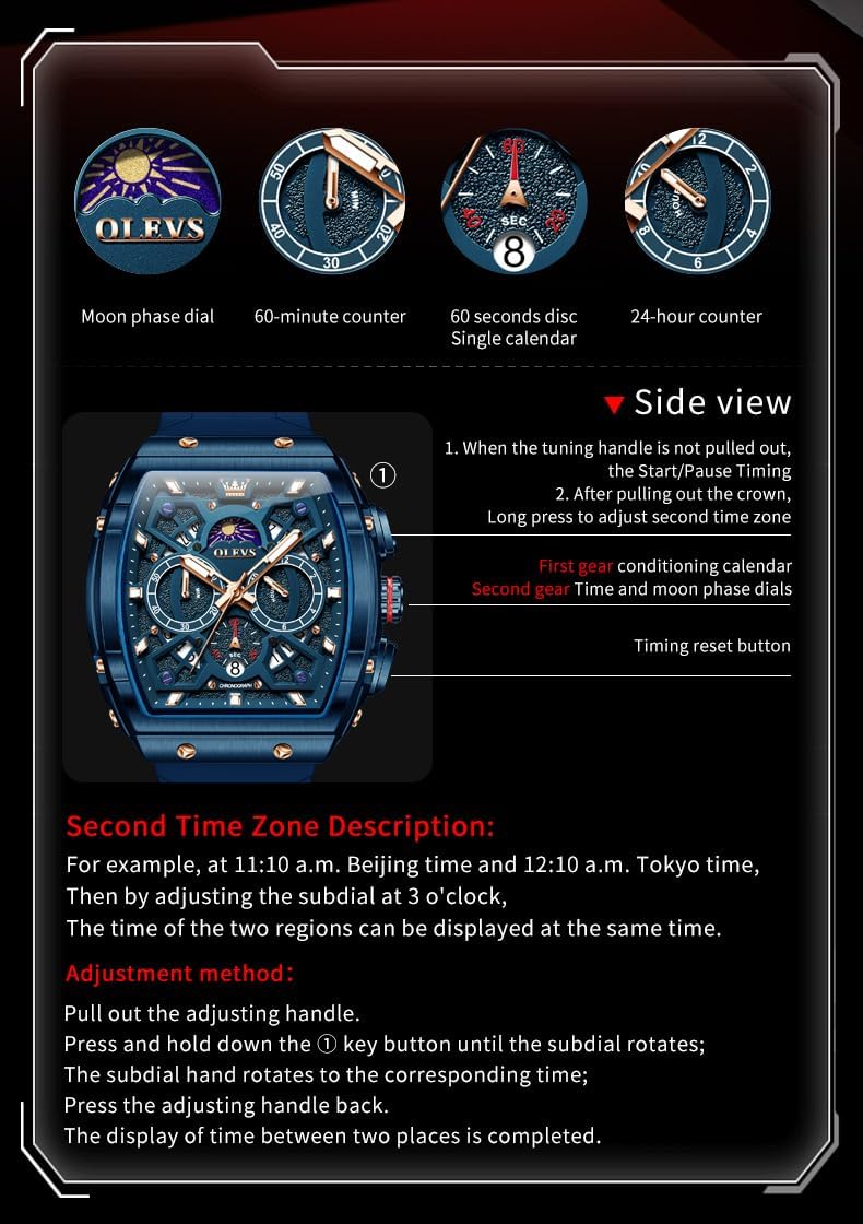 OLEVS Relojes para Hombre Casual Lujo Cara Grande Cronógrafo Multifuncional Relojes de Hombre Correa de Silicona/Nylon Duradera 3 ATM Resistente al Agua Reloj de Hombre Fecha Fase Lunar Reloj