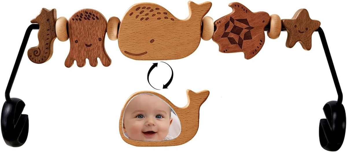Baby Bouncer Toy Bar de madera con espejo, animales marinos