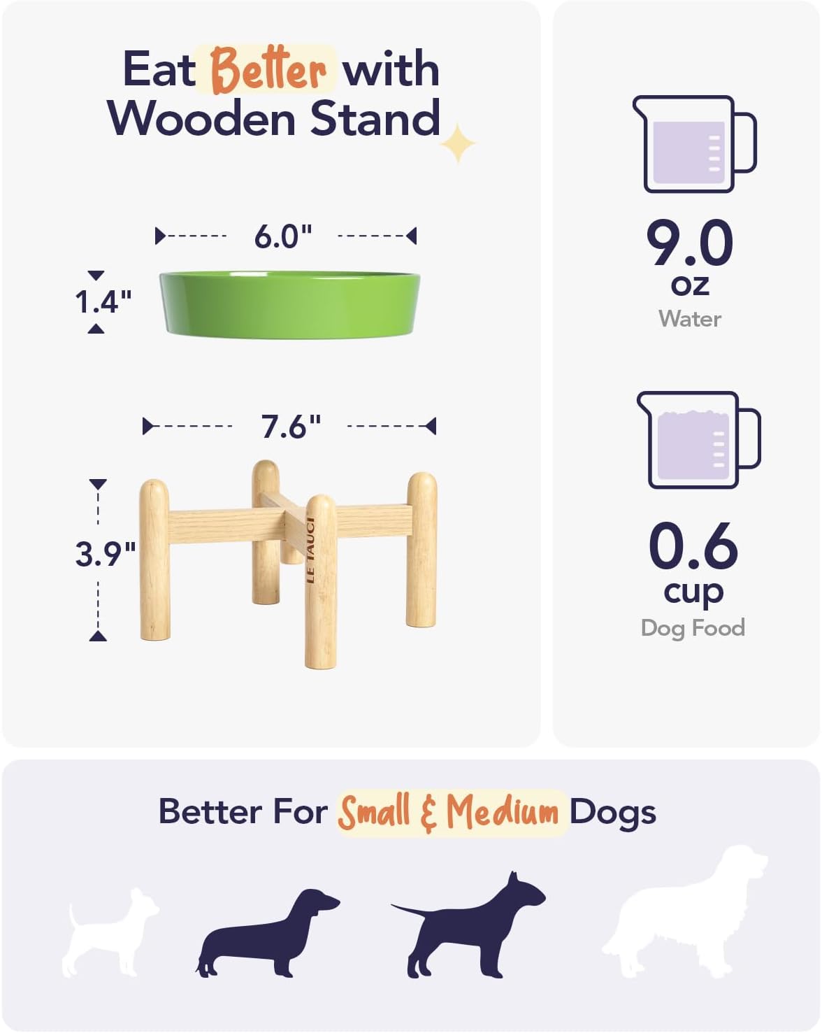 LE TAUCI Cuencos de cerámica para perros de alimentación lenta, elevados para razas pequeñas, anti-engullimiento, antideslizantes, 6 pulgadas, verde