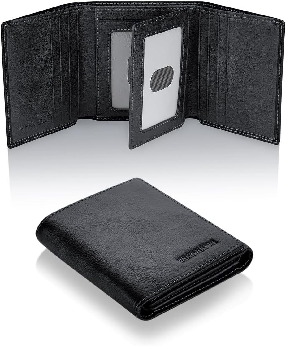 VANNANBA Cartera triple de cuero para hombre con ventanas