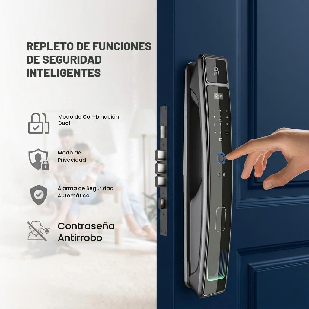 Cerradura de puerta inteligente con cámara y reconocimiento facial 3D, cerradura de puerta de entrada sin llave con huella digital, contraseña, tarjeta IC, control de aplicación y timbre, cerradura de embutir segura para puerta delantera (aplicación