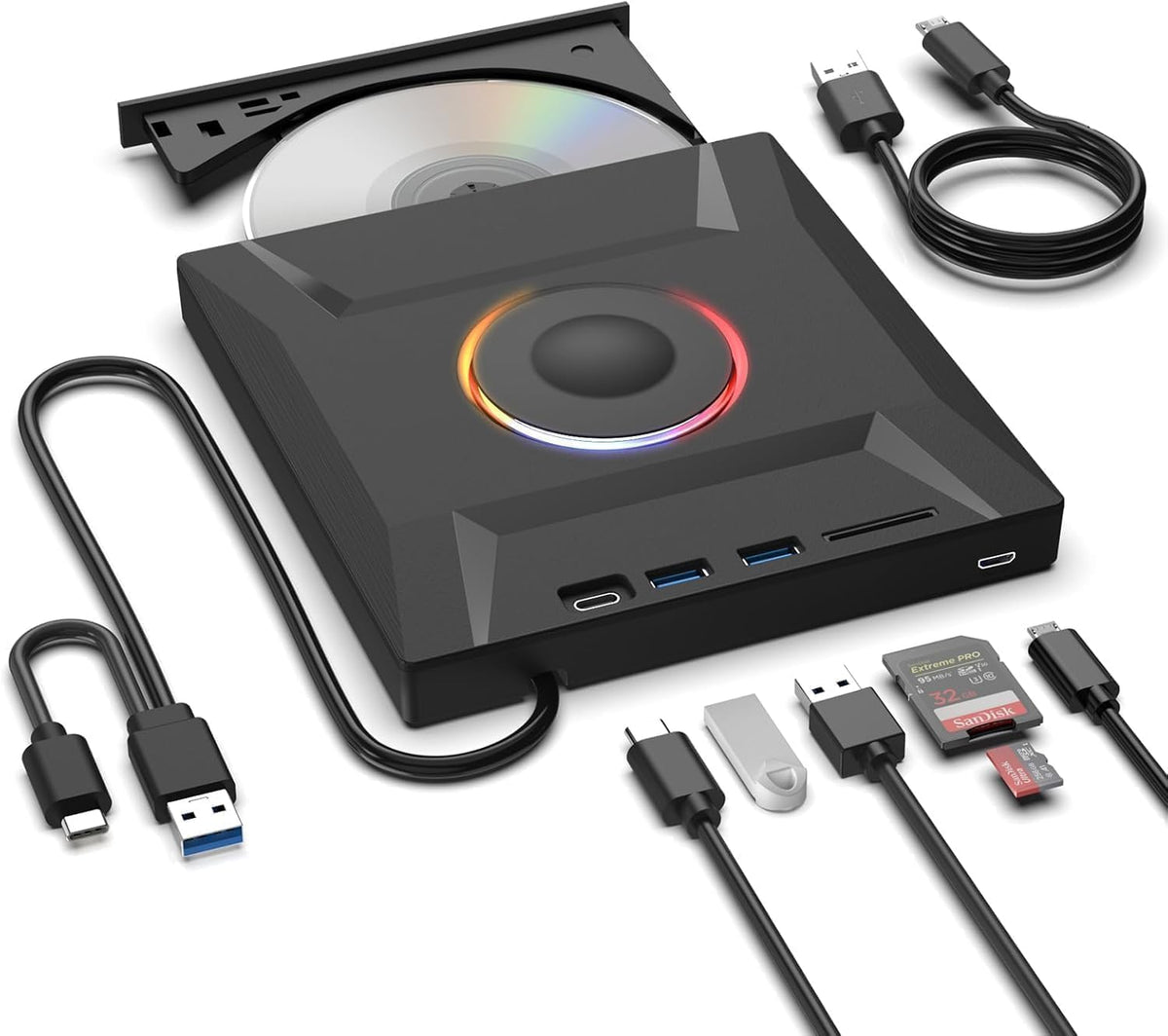 ASHDOL Unidad externa de CD DVD 7 en 1, lector de discos USB 3.0 y...
