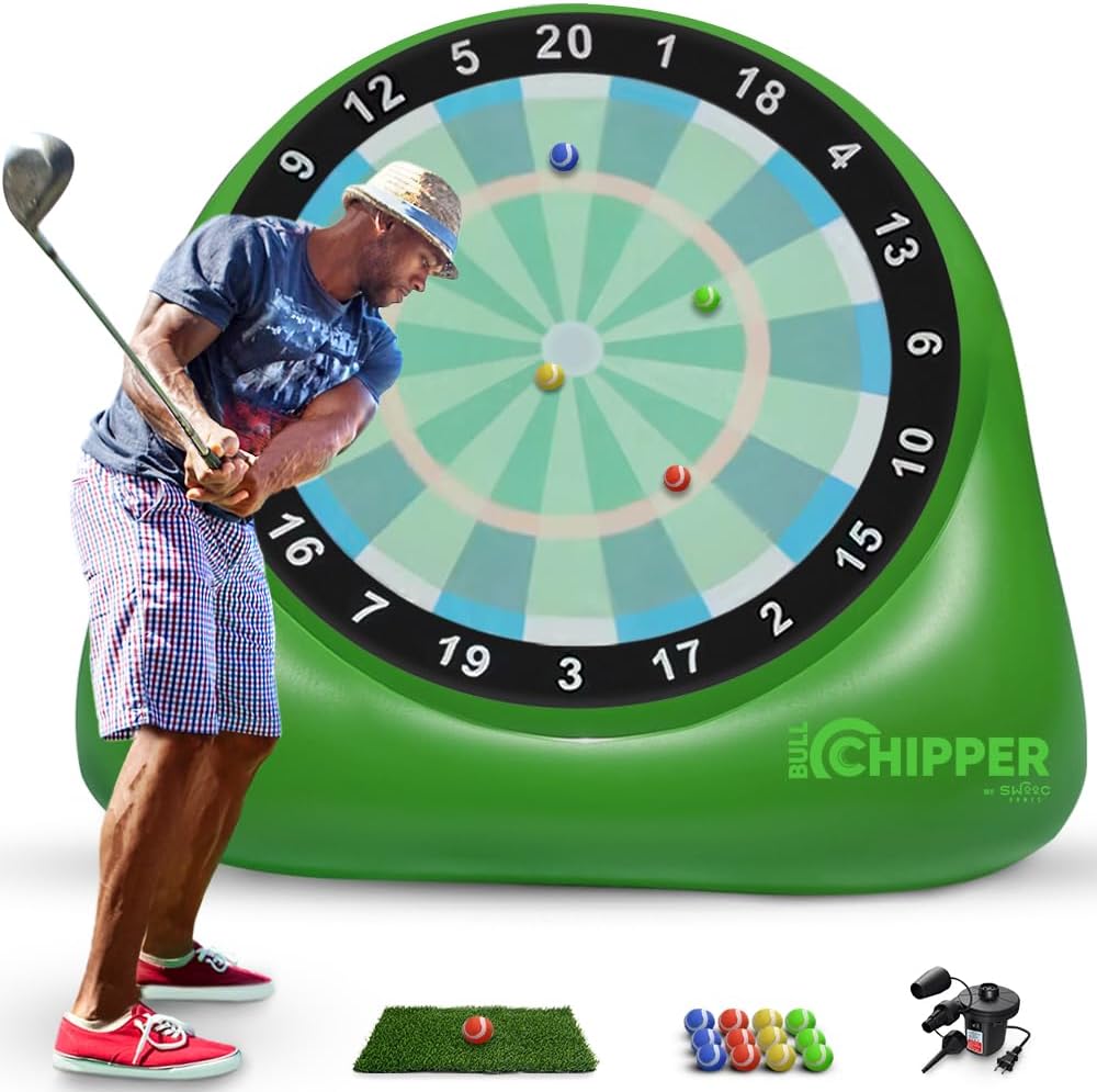 Swooc Games® - Bull Chipper™ | Dardos de golf gigantes (más de 6 pies de alto) con más de 10 juegos de golf | Juego de patio trasero con bomba de aire | Juego de patio para adultos | Diversión gigante