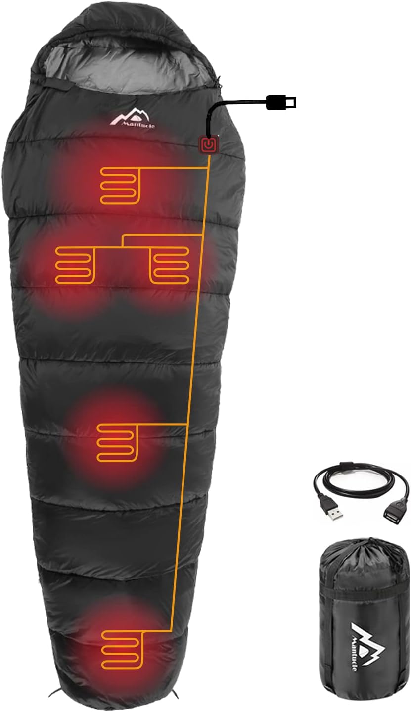 Saco de dormir con calefacción, 5 unidades de almohadillas de calefacción multiUSB, funciona con batería externa u otras fuentes de alimentación USB, bolsa compacta portátil, estilo momia.