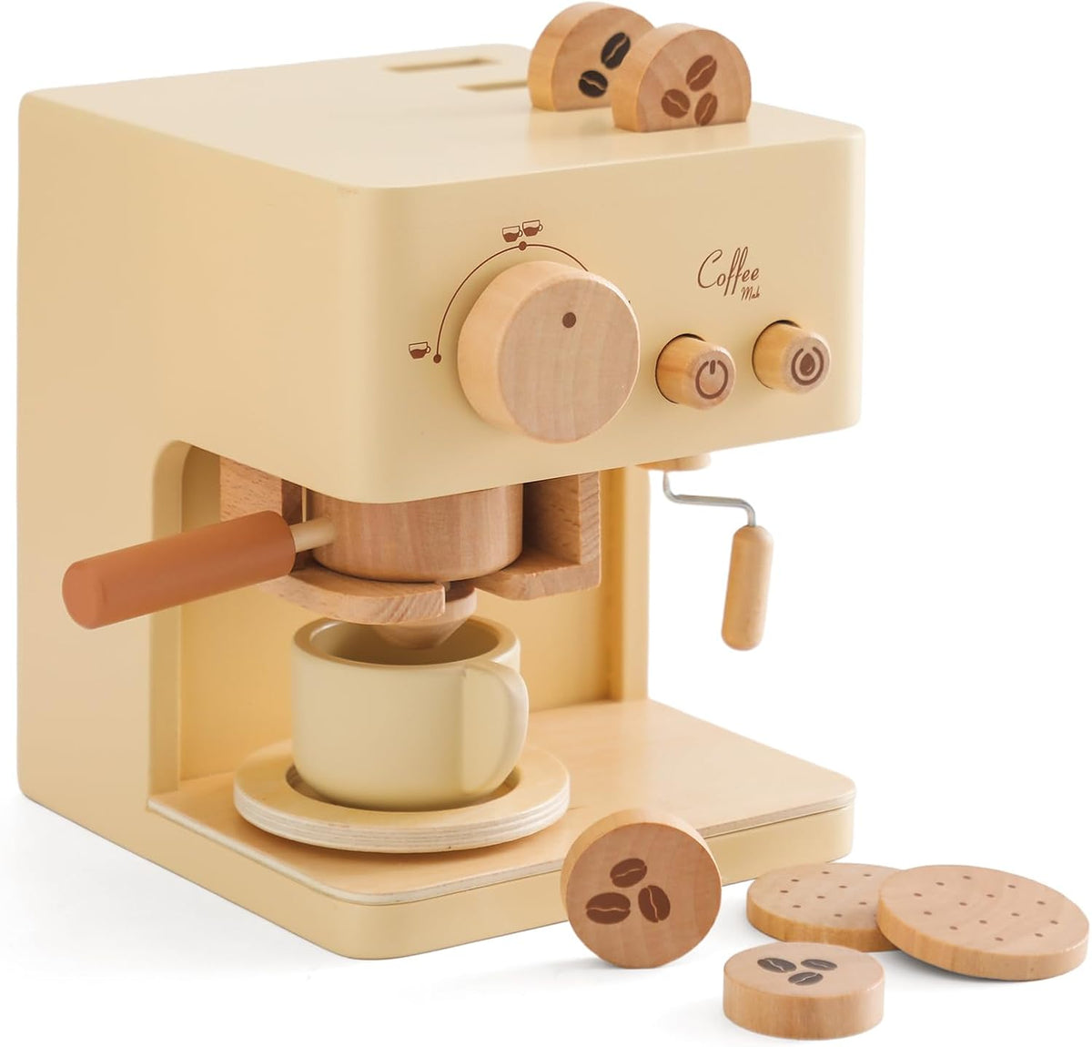 ibwaae Cafetera para niños, 10 piezas, juego de cafetera de juguete, juego de cocina de madera, juguetes para niños pequeños, accesorios de cocina, juegos de comida de juego de simulación para niñas y