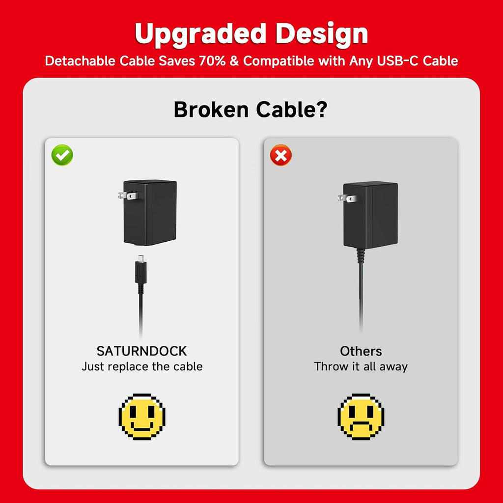 Paquete de 2 cargadores para Nintendo Switch, adaptador de CA de 45 W de carga rápida con 2 cables USB C desmontables de 5 pies, compatible con Switch/OLED/Lite, Steam Deck, soporte para modo de TV