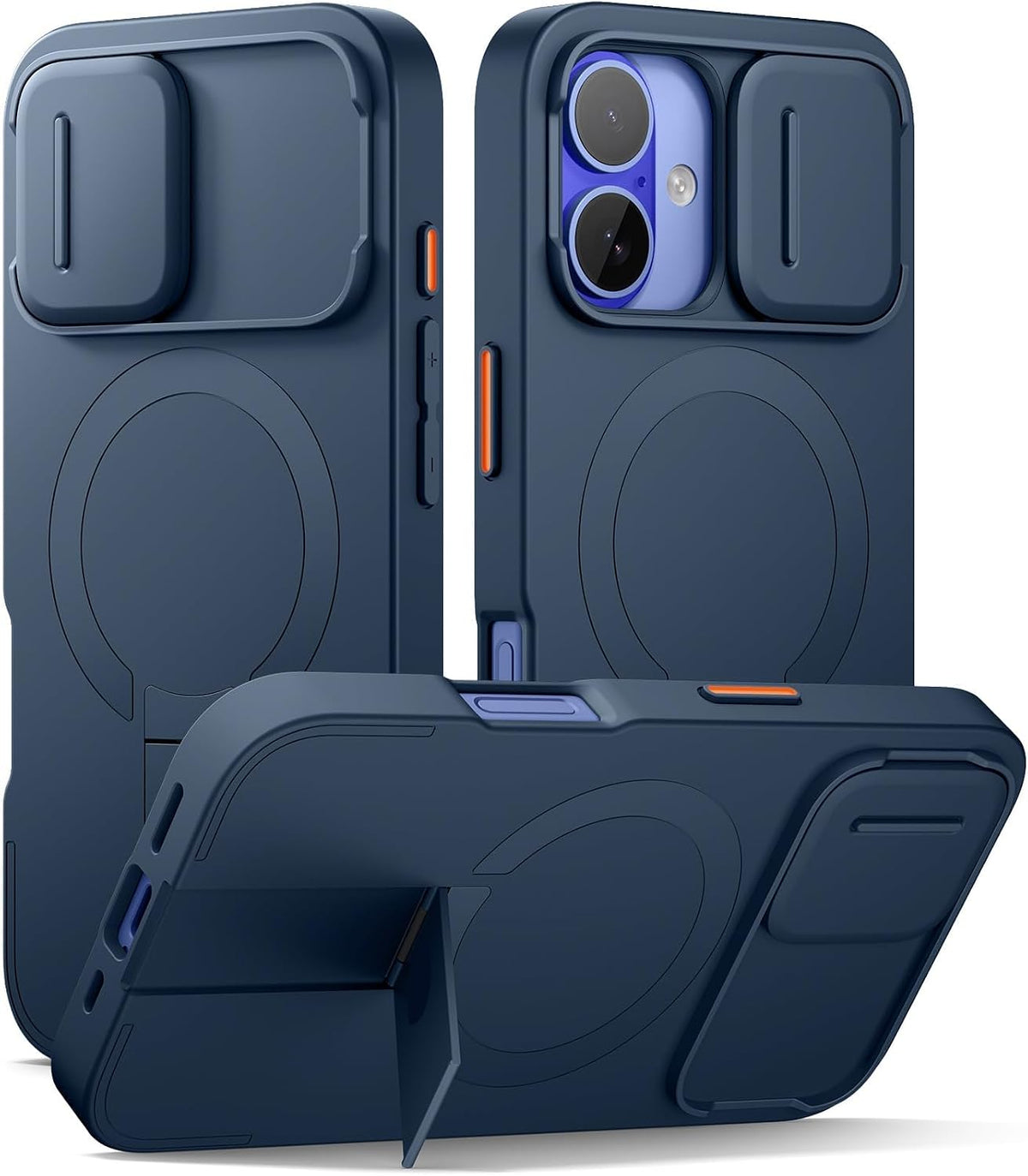 SURITCH Funda para iPhone 16 con cubierta magnética para cámara deslizante y soporte ajustable, compatible con MagSafe, funda protectora delgada a prueba de golpes de 6.1 pulgadas, azul