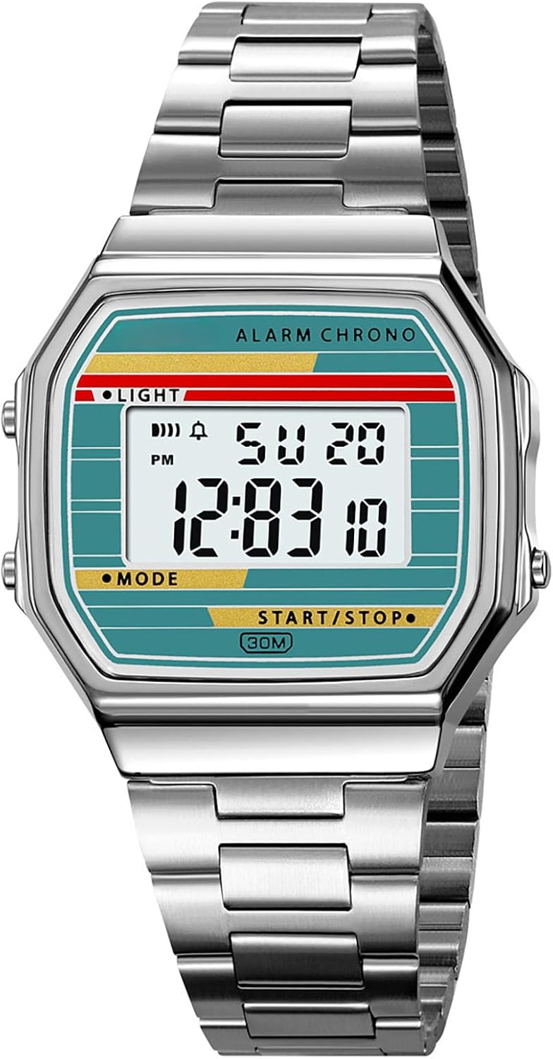 Reloj digital retro de acero inoxidable con banda de alarma, cronógrafo, luz LED, resistente al agua hasta 30 m, reloj de pulsera electrónico vintage para hombres y mujeres