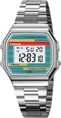Reloj digital retro de acero inoxidable con banda de alarma, cronógrafo, luz LED, resistente al agua hasta 30 m, reloj de pulsera electrónico vintage para hombres y mujeres
