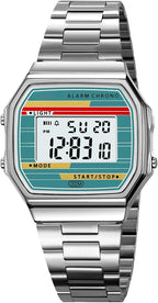 Reloj digital retro de acero inoxidable con banda de alarma, cronógrafo, luz LED, resistente al agua hasta 30 m, reloj de pulsera electrónico vintage para hombres y mujeres