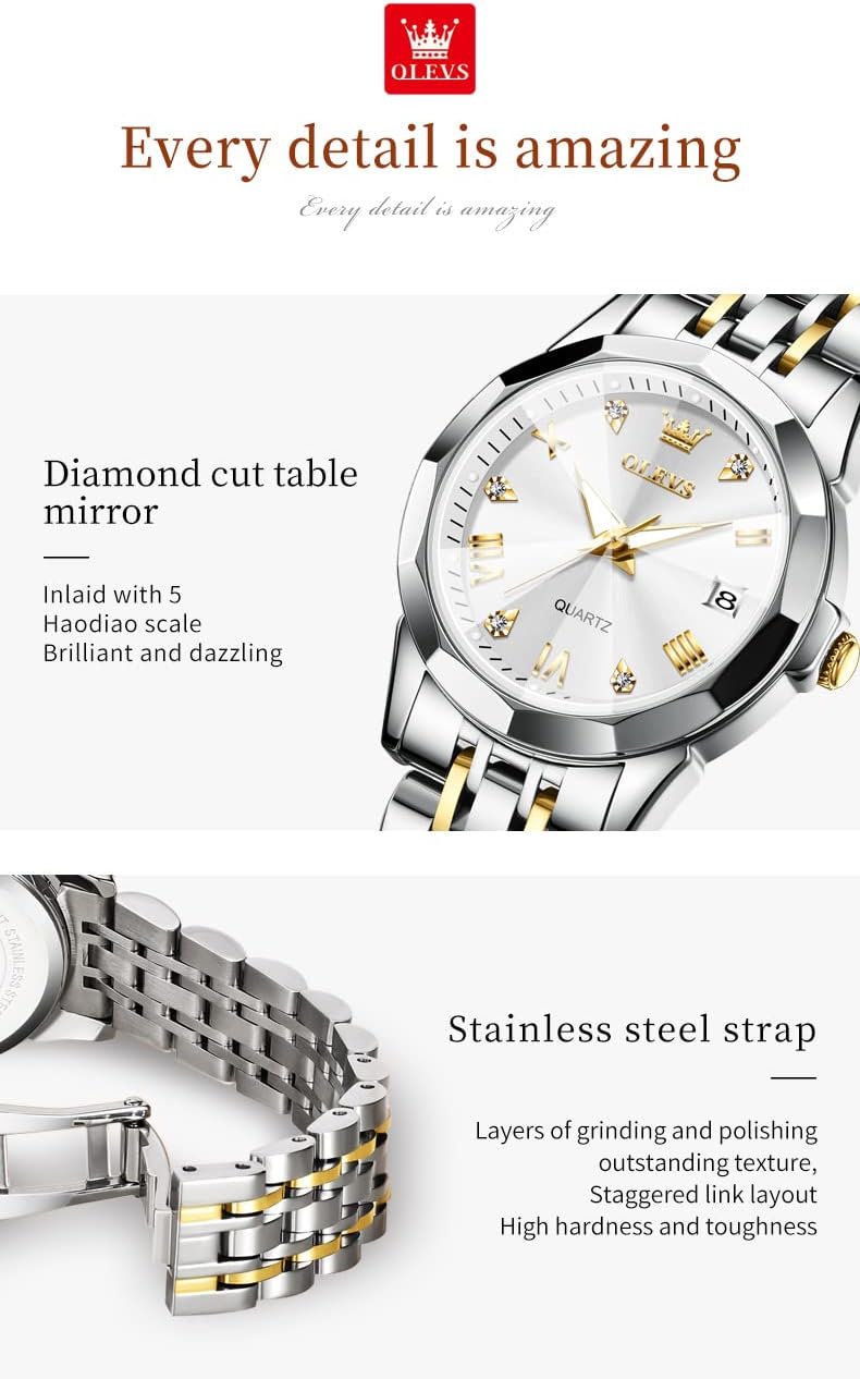 OLEVS Reloj para Mujer Moderno de Moda con Diamantes para Damas Analógico, Acero Inoxidable, Resistente al Agua, Luminosa, Día, Fecha, Dos Tonos