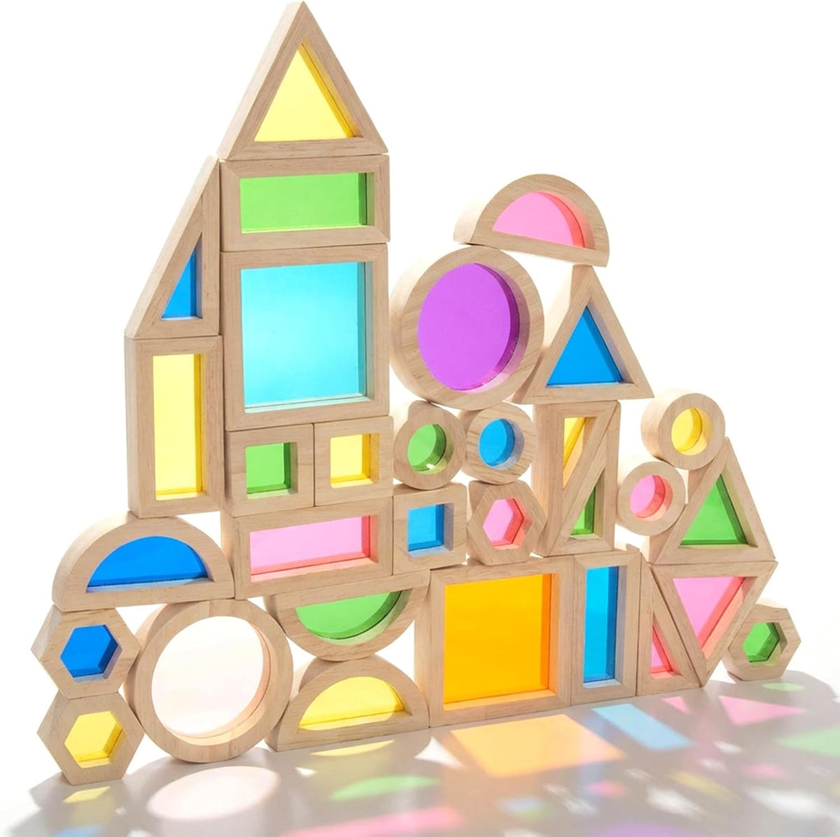 WOODENFUN Juego de bloques de construcción de madera para niños, 32 piezas, apilador de arco iris, juego de apilamiento, juego de juguetes de construcción, juguetes educativos de aprendizaje