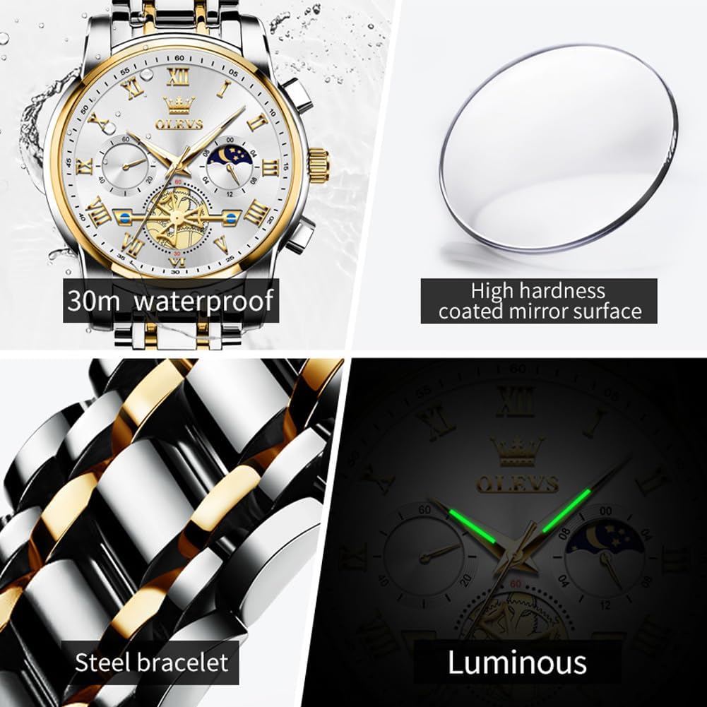 OLEVS Relojes para hombre, resistente al agua, de lujo, gran cara, reloj analógico de cuarzo de acero inoxidable, relojes de vestir analógicos para hombre, luminoso, multifuncional, reloj de hombre