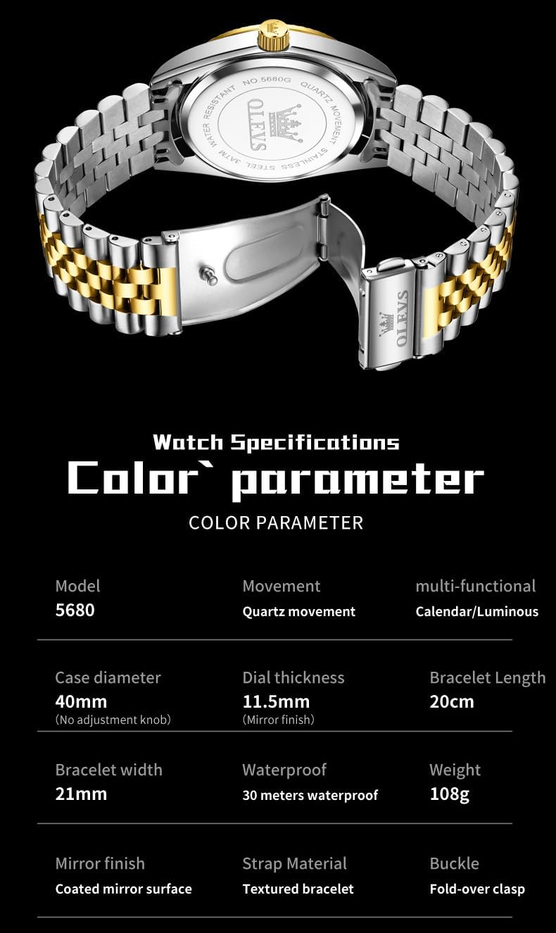 OLEVS Reloj Clásico para Hombre Diamante Analógico Lujo Acero Inoxidable a Dos Tonos Resistente al Agua con Fecha Luminous para Hombres