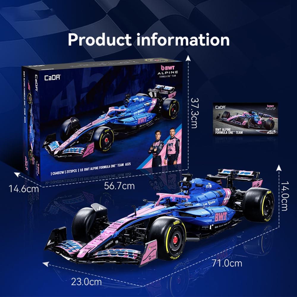 CaDA C64012W BWT Alpine F1 Team A525 2025 Kit de construcción de autos de carreras de Fórmula 1, 2173 piezas, modelo coleccionable grande a escala 1:8, funciones mecánicas detalladas completas, juego